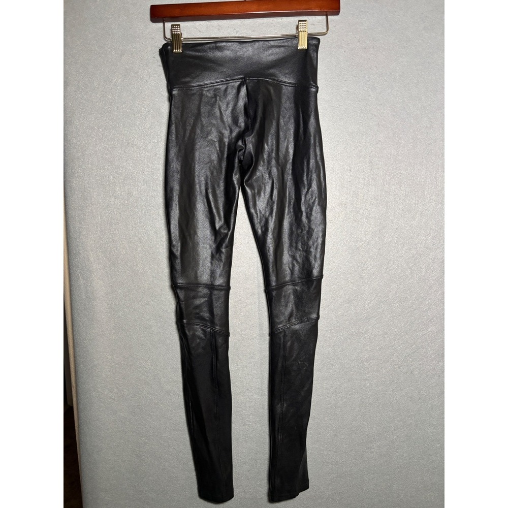 Spanx S Faux Leather Moto Leggings Very Black High Rise Ribbed Whimsigoth Active - Picture 2 of 9